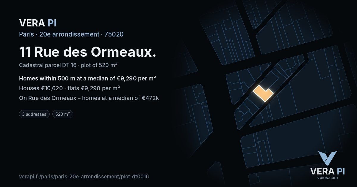 11 Rue des Ormeaux, 20e arrondissement at night – the plot lit, the parcels around coloured by the prices near them