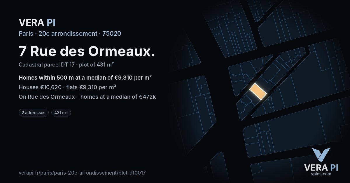 7 Rue des Ormeaux, 20e arrondissement at night – the plot lit, the parcels around coloured by the prices near them