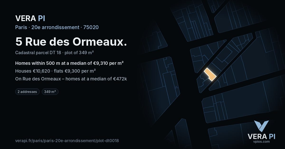 5 Rue des Ormeaux, 20e arrondissement at night – the plot lit, the parcels around coloured by the prices near them
