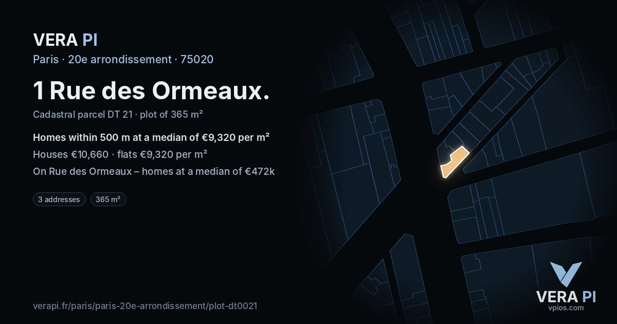1 Rue des Ormeaux, 20e arrondissement at night – the plot lit, the parcels around coloured by the prices near them