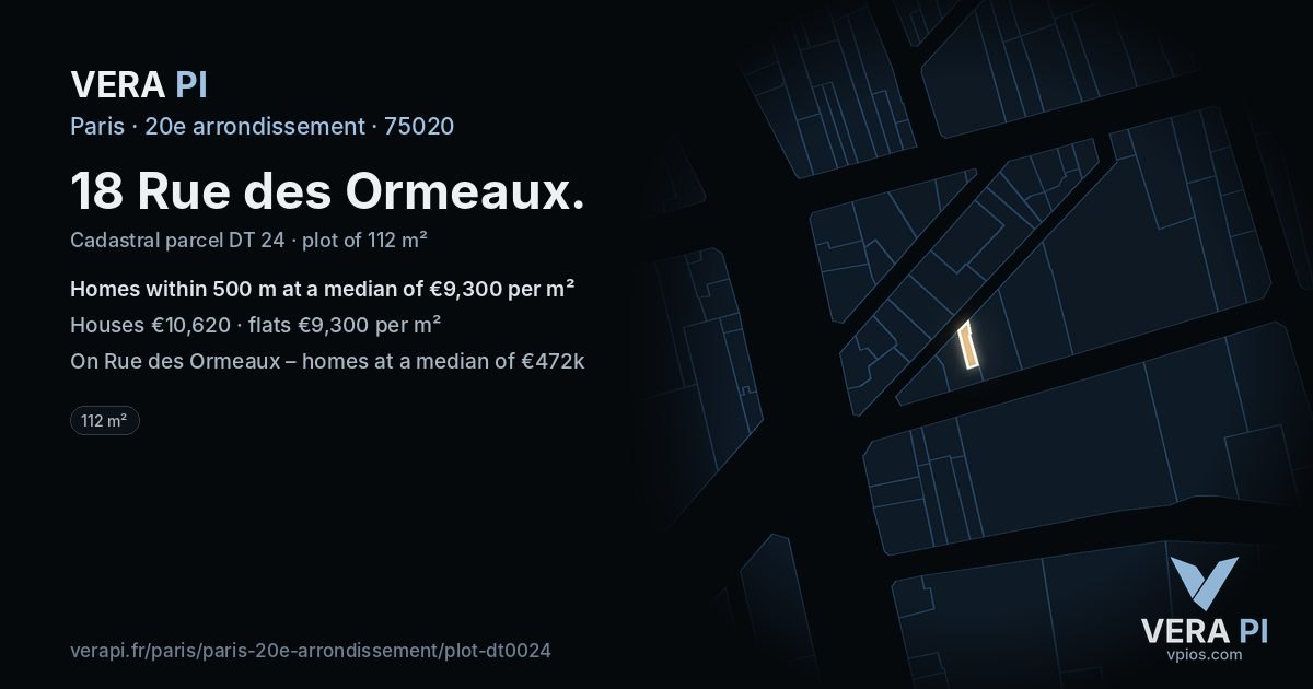 18 Rue des Ormeaux, 20e arrondissement at night – the plot lit, the parcels around coloured by the prices near them