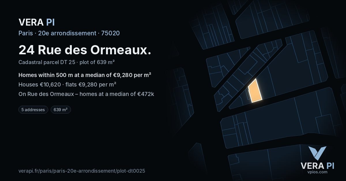 24 Rue des Ormeaux, 20e arrondissement at night – the plot lit, the parcels around coloured by the prices near them
