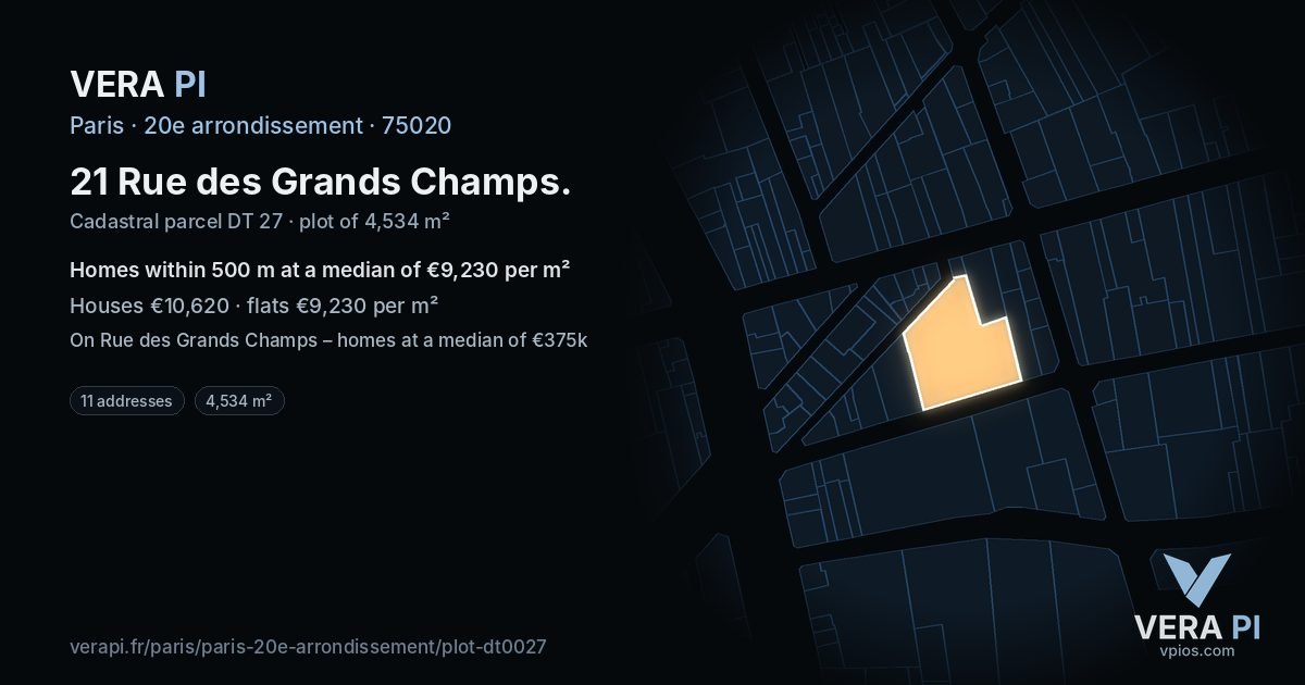 21 Rue des Grands Champs, 20e arrondissement at night – the plot lit, the parcels around coloured by the prices near them