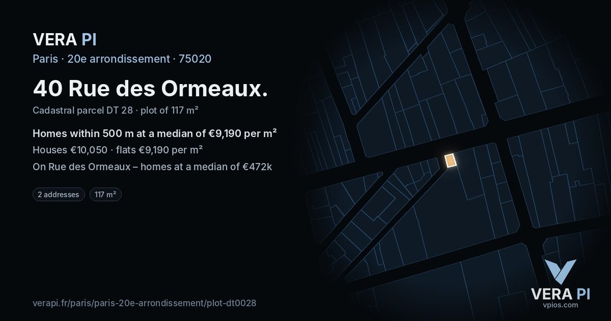 40 Rue des Ormeaux, 20e arrondissement at night – the plot lit, the parcels around coloured by the prices near them