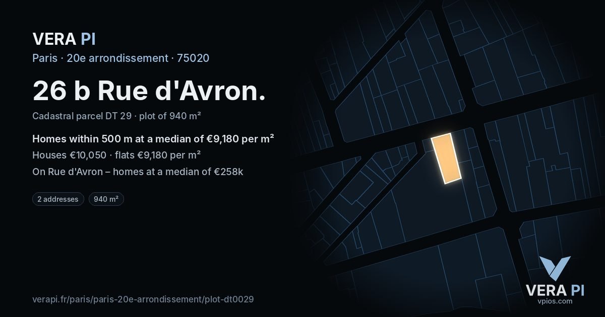 26 b Rue d'Avron, 20e arrondissement at night – the plot lit, the parcels around coloured by the prices near them