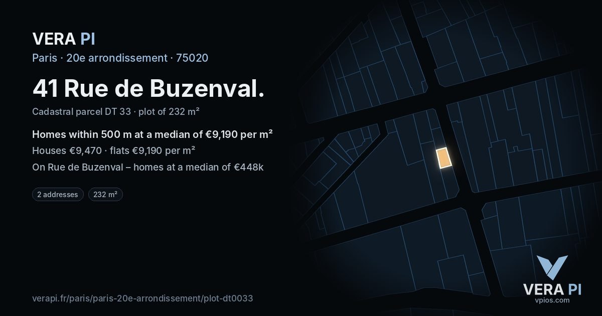 41 Rue de Buzenval, 20e arrondissement at night – the plot lit, the parcels around coloured by the prices near them
