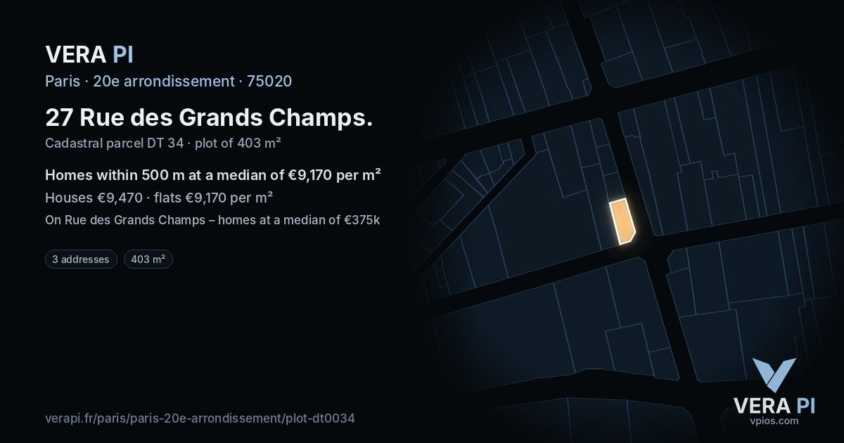 27 Rue des Grands Champs, 20e arrondissement at night – the plot lit, the parcels around coloured by the prices near them
