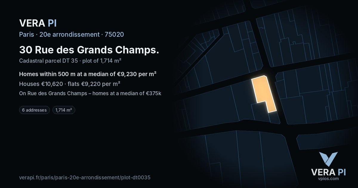 30 Rue des Grands Champs, 20e arrondissement at night – the plot lit, the parcels around coloured by the prices near them