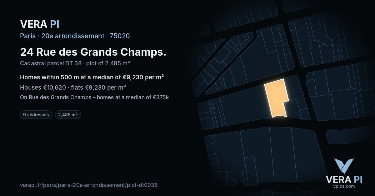 24 Rue des Grands Champs, 20e arrondissement at night – the plot lit, the parcels around coloured by the prices near them