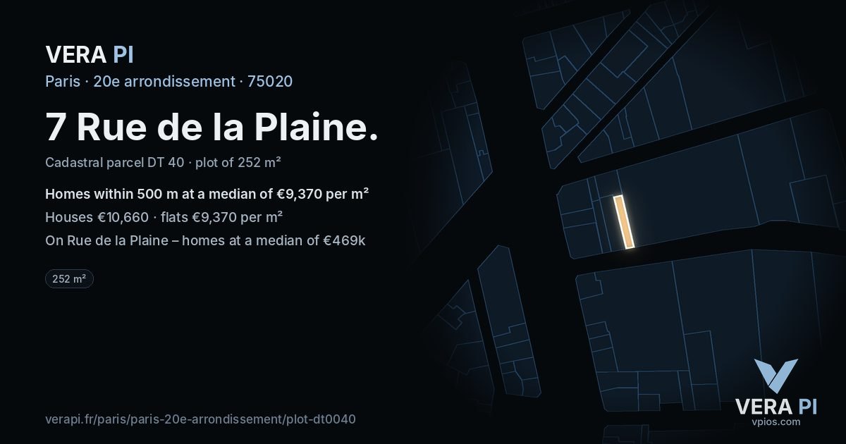 7 Rue de la Plaine, 20e arrondissement at night – the plot lit, the parcels around coloured by the prices near them