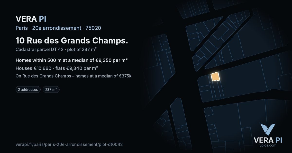 10 Rue des Grands Champs, 20e arrondissement at night – the plot lit, the parcels around coloured by the prices near them
