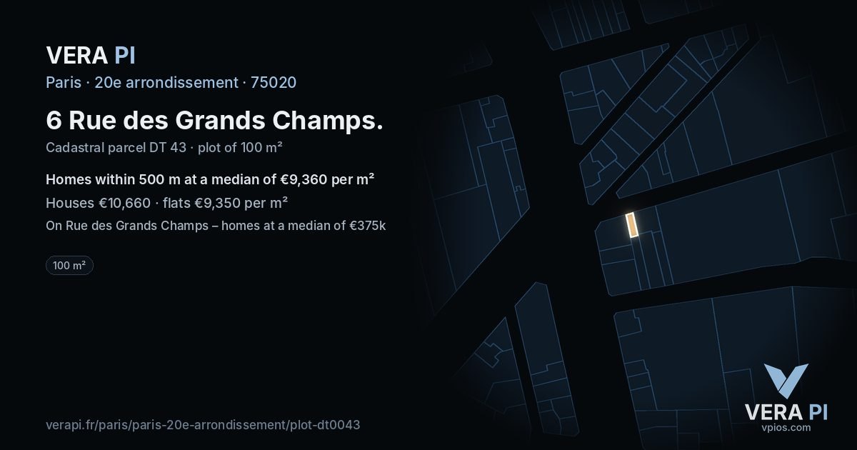 6 Rue des Grands Champs, 20e arrondissement at night – the plot lit, the parcels around coloured by the prices near them