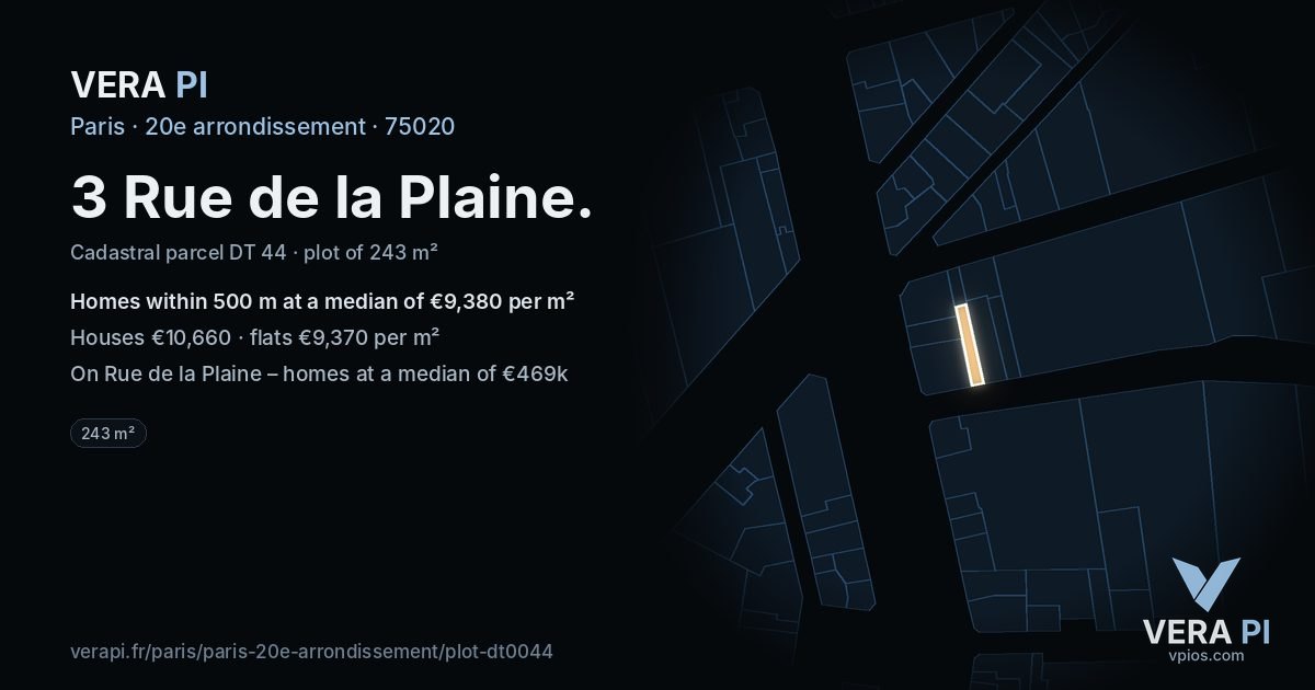 3 Rue de la Plaine, 20e arrondissement at night – the plot lit, the parcels around coloured by the prices near them