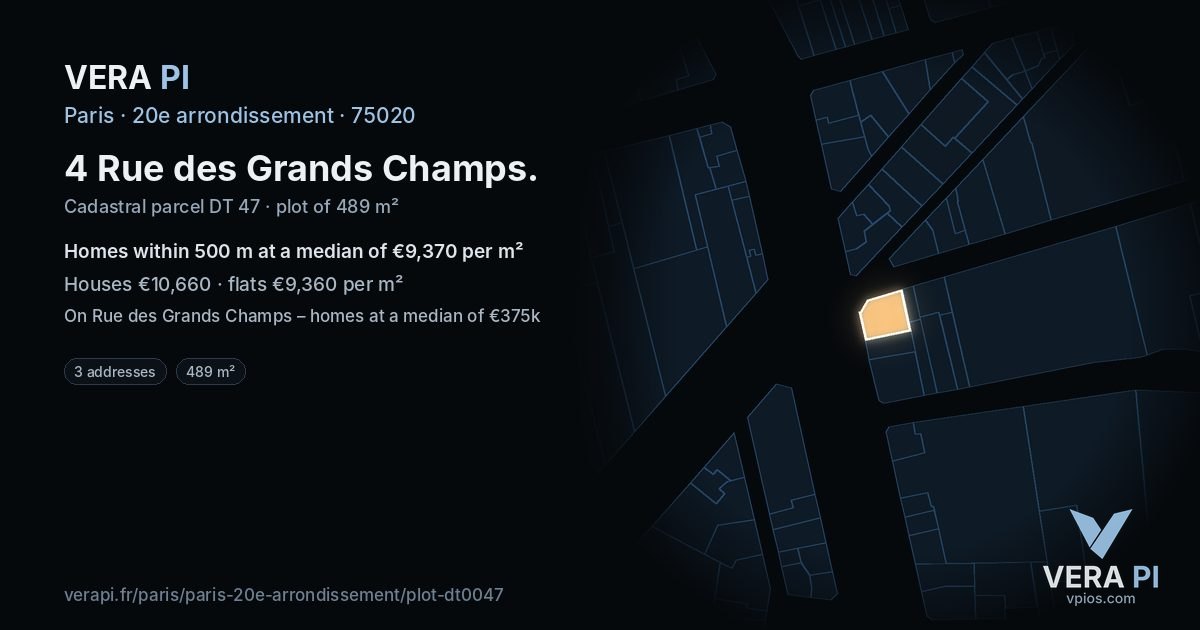 4 Rue des Grands Champs, 20e arrondissement at night – the plot lit, the parcels around coloured by the prices near them