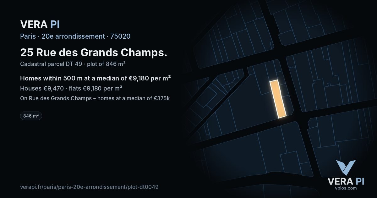 25 Rue des Grands Champs, 20e arrondissement at night – the plot lit, the parcels around coloured by the prices near them