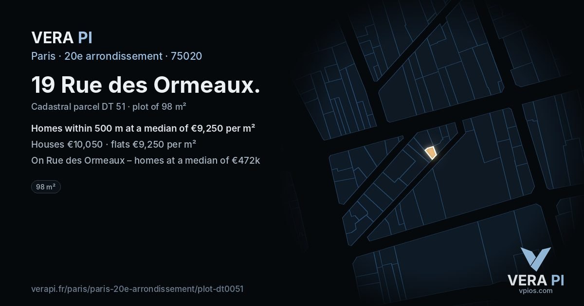 19 Rue des Ormeaux, 20e arrondissement at night – the plot lit, the parcels around coloured by the prices near them