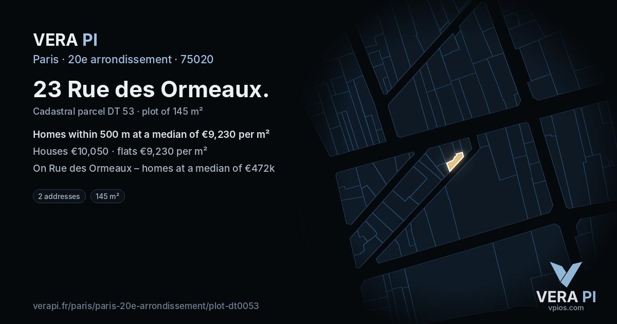 23 Rue des Ormeaux, 20e arrondissement at night – the plot lit, the parcels around coloured by the prices near them