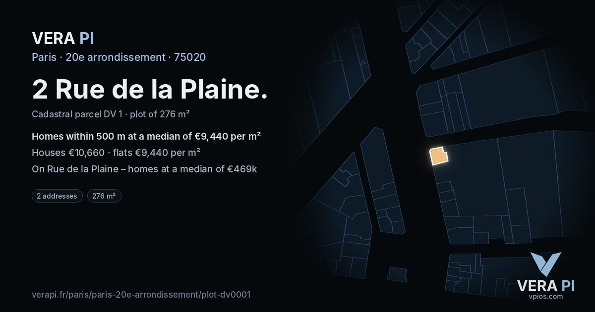 2 Rue de la Plaine, 20e arrondissement at night – the plot lit, the parcels around coloured by the prices near them