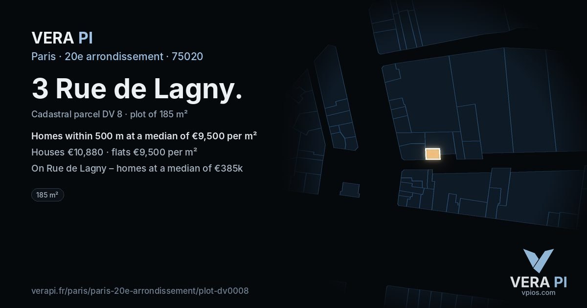 3 Rue de Lagny, 20e arrondissement at night – the plot lit, the parcels around coloured by the prices near them