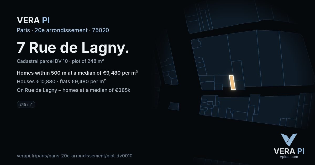 7 Rue de Lagny, 20e arrondissement at night – the plot lit, the parcels around coloured by the prices near them