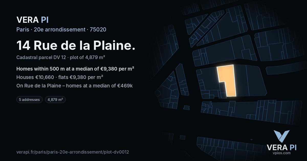 14 Rue de la Plaine, 20e arrondissement at night – the plot lit, the parcels around coloured by the prices near them