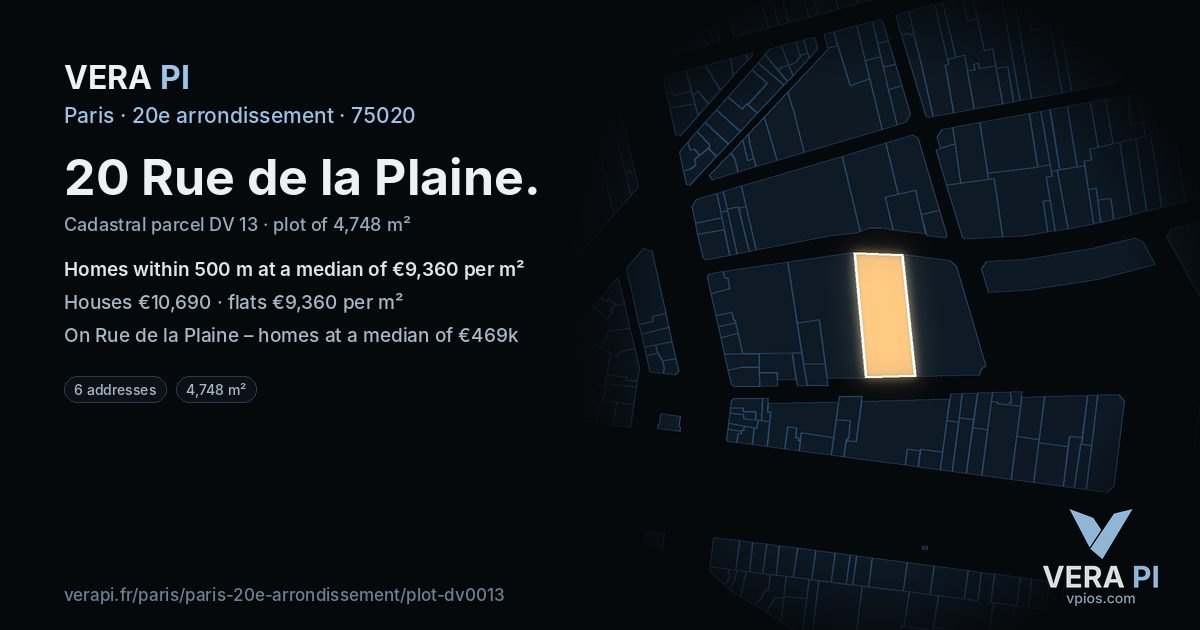 20 Rue de la Plaine, 20e arrondissement at night – the plot lit, the parcels around coloured by the prices near them