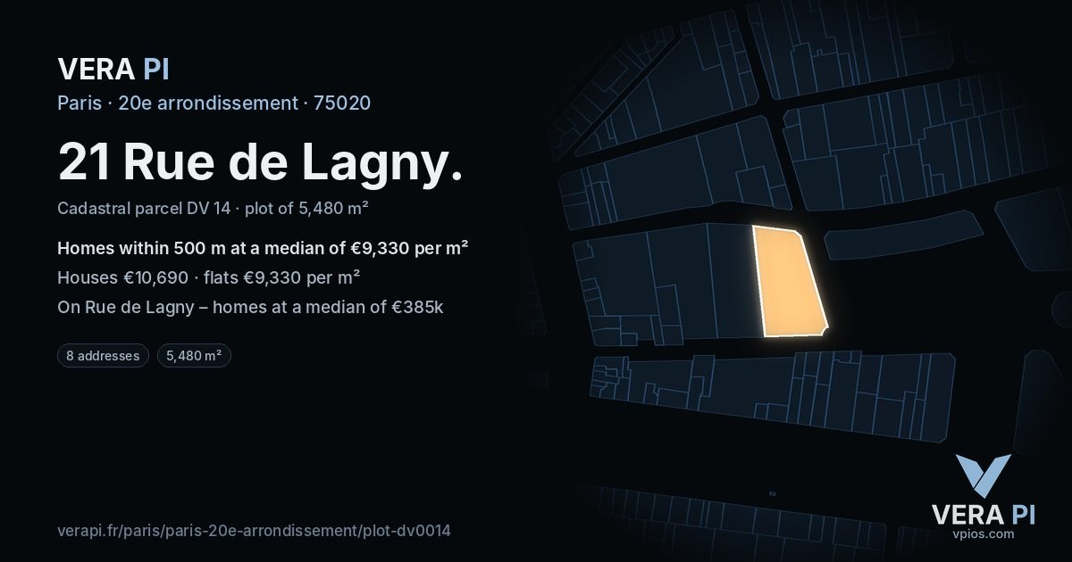 21 Rue de Lagny, 20e arrondissement at night – the plot lit, the parcels around coloured by the prices near them