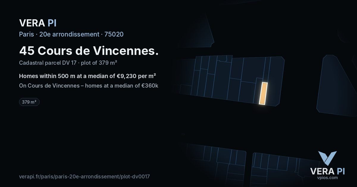 45 Cours de Vincennes, 20e arrondissement at night – the plot lit, the parcels around coloured by the prices near them