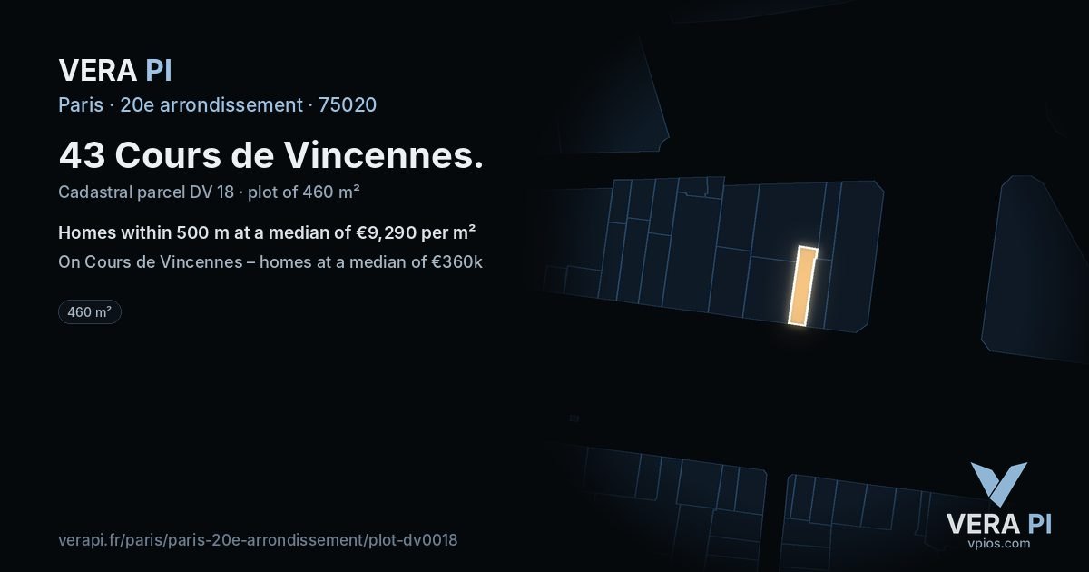 43 Cours de Vincennes, 20e arrondissement at night – the plot lit, the parcels around coloured by the prices near them