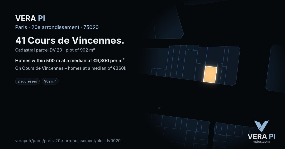 41 Cours de Vincennes, 20e arrondissement at night – the plot lit, the parcels around coloured by the prices near them