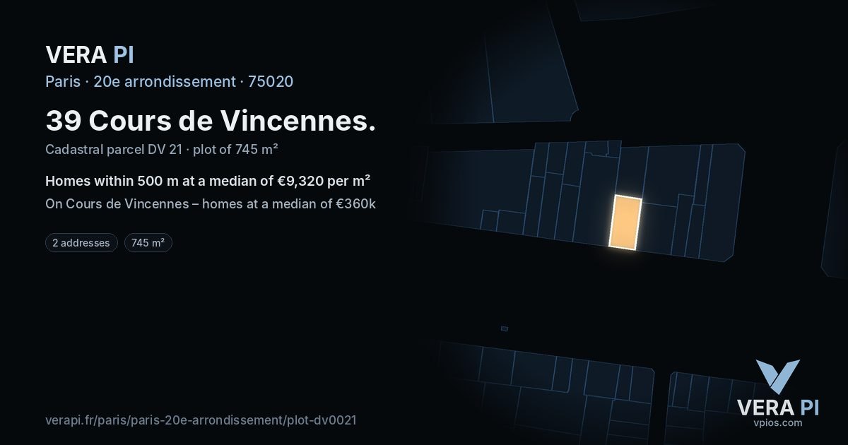 39 Cours de Vincennes, 20e arrondissement at night – the plot lit, the parcels around coloured by the prices near them