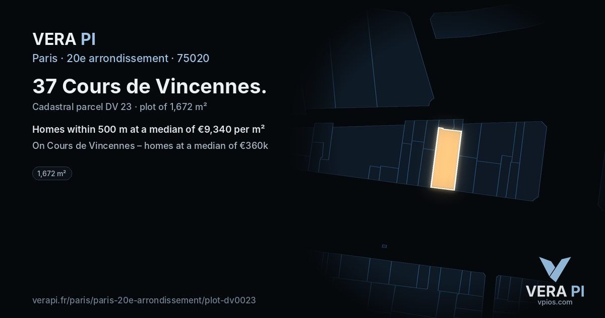 37 Cours de Vincennes, 20e arrondissement at night – the plot lit, the parcels around coloured by the prices near them