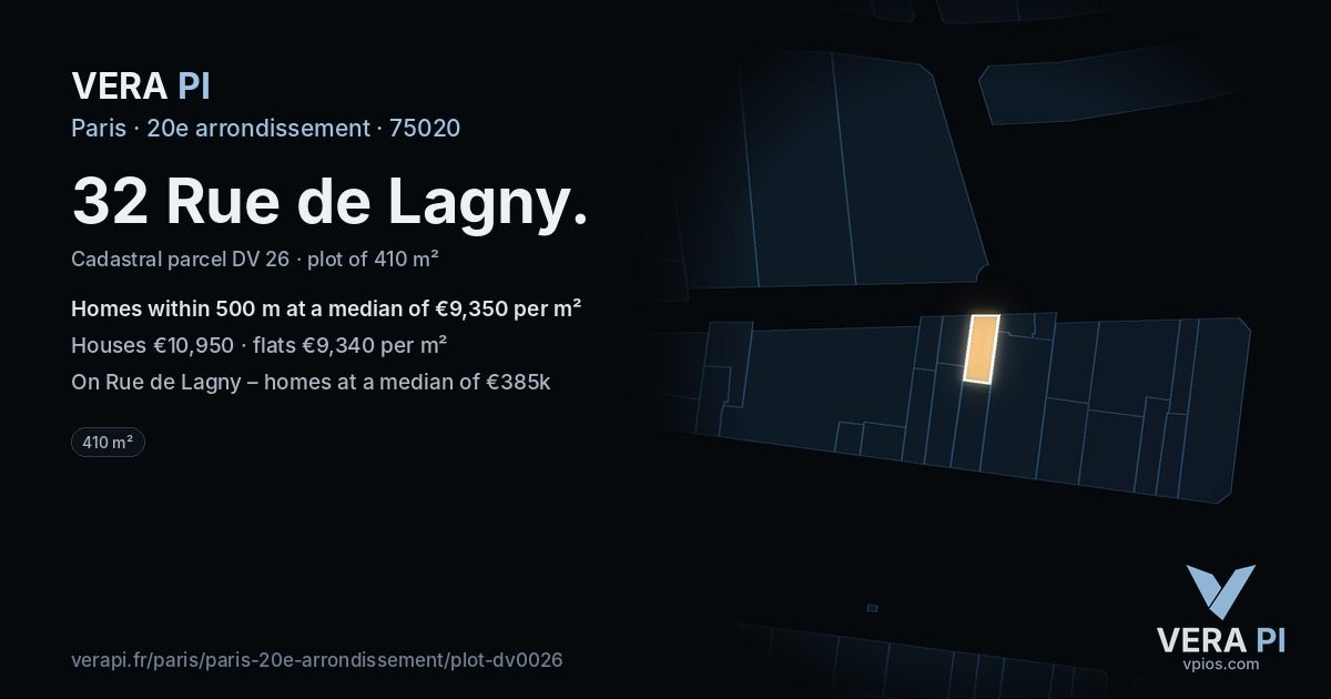 32 Rue de Lagny, 20e arrondissement at night – the plot lit, the parcels around coloured by the prices near them