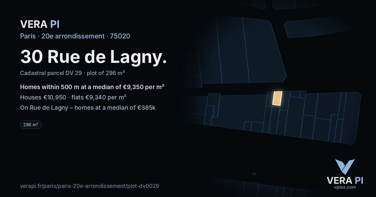 30 Rue de Lagny, 20e arrondissement at night – the plot lit, the parcels around coloured by the prices near them