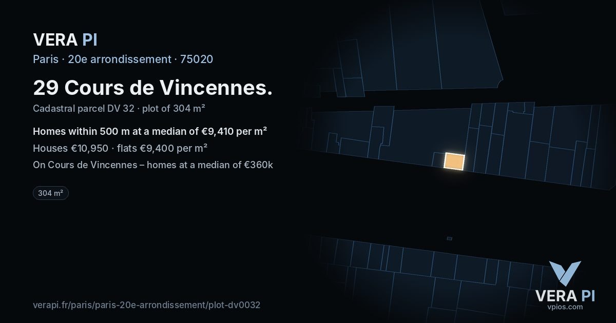 29 Cours de Vincennes, 20e arrondissement at night – the plot lit, the parcels around coloured by the prices near them
