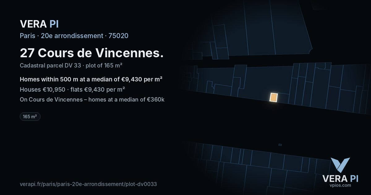 27 Cours de Vincennes, 20e arrondissement at night – the plot lit, the parcels around coloured by the prices near them