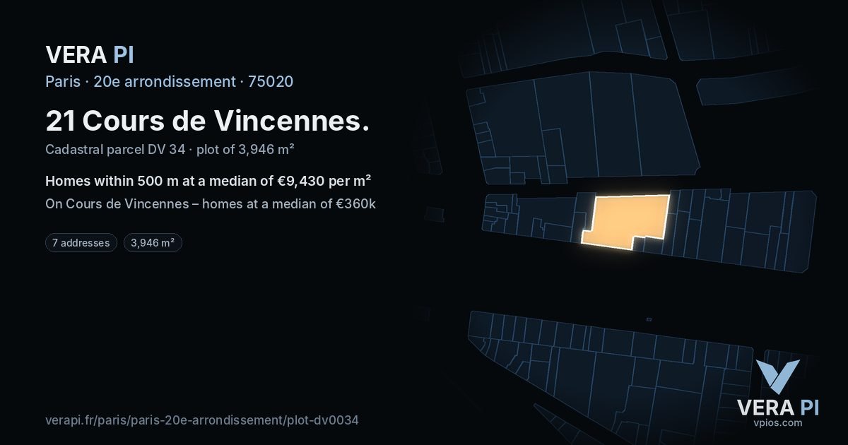 21 Cours de Vincennes, 20e arrondissement at night – the plot lit, the parcels around coloured by the prices near them