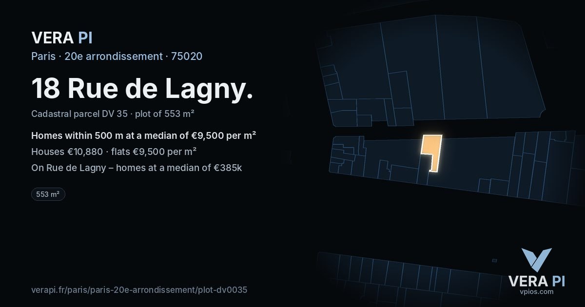 18 Rue de Lagny, 20e arrondissement at night – the plot lit, the parcels around coloured by the prices near them