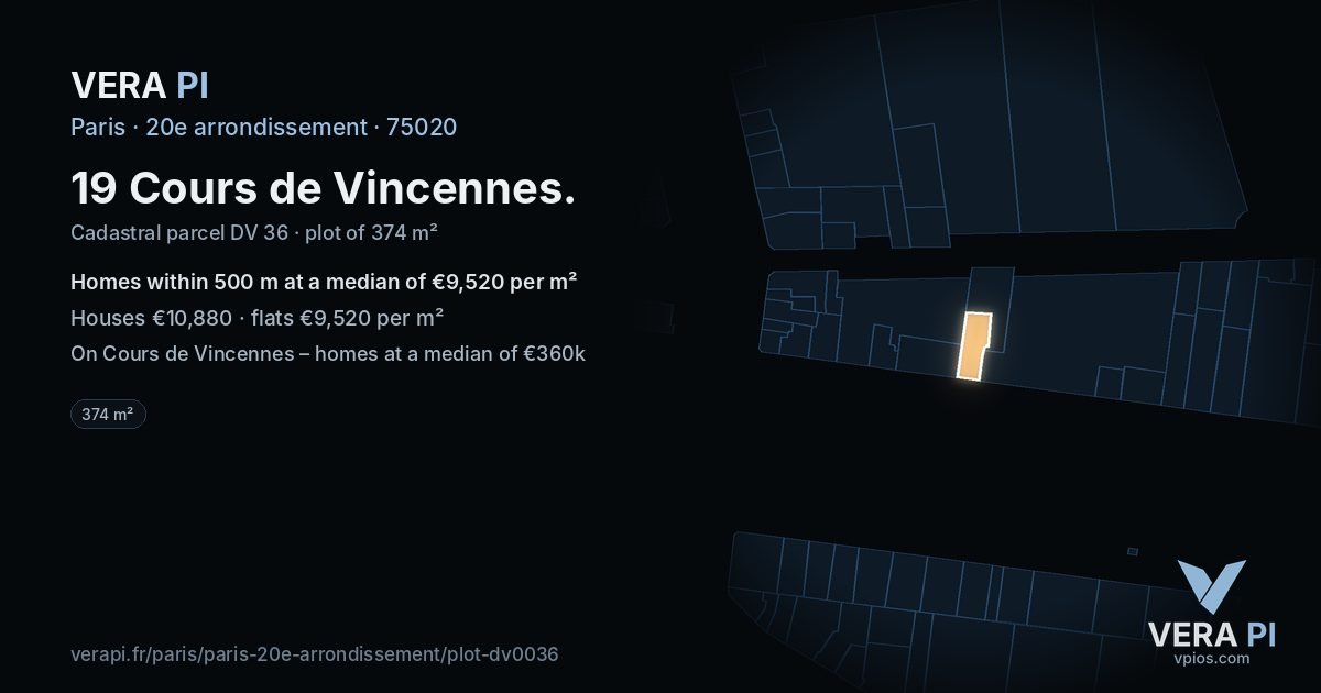 19 Cours de Vincennes, 20e arrondissement at night – the plot lit, the parcels around coloured by the prices near them