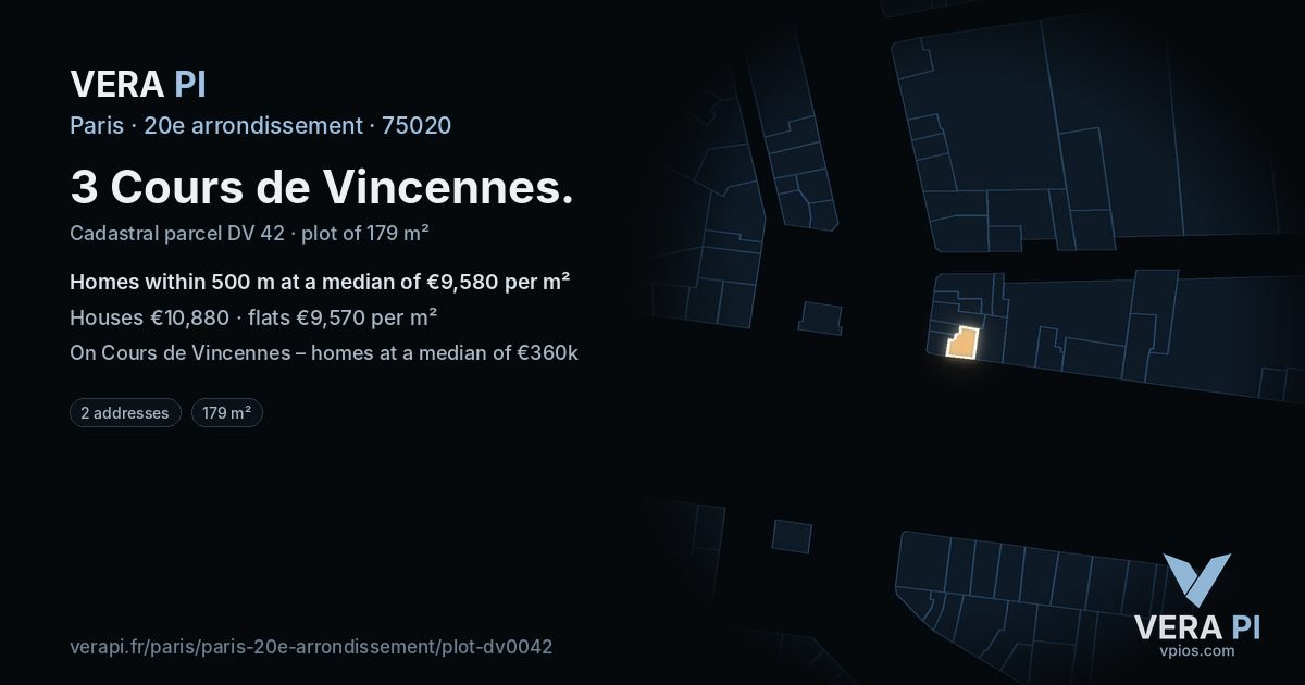 3 Cours de Vincennes, 20e arrondissement at night – the plot lit, the parcels around coloured by the prices near them