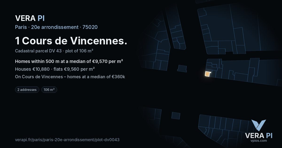 1 Cours de Vincennes, 20e arrondissement at night – the plot lit, the parcels around coloured by the prices near them