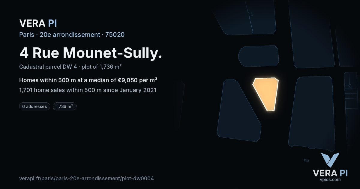 4 Rue Mounet-Sully, 20e arrondissement at night – the plot lit, the parcels around coloured by the prices near them