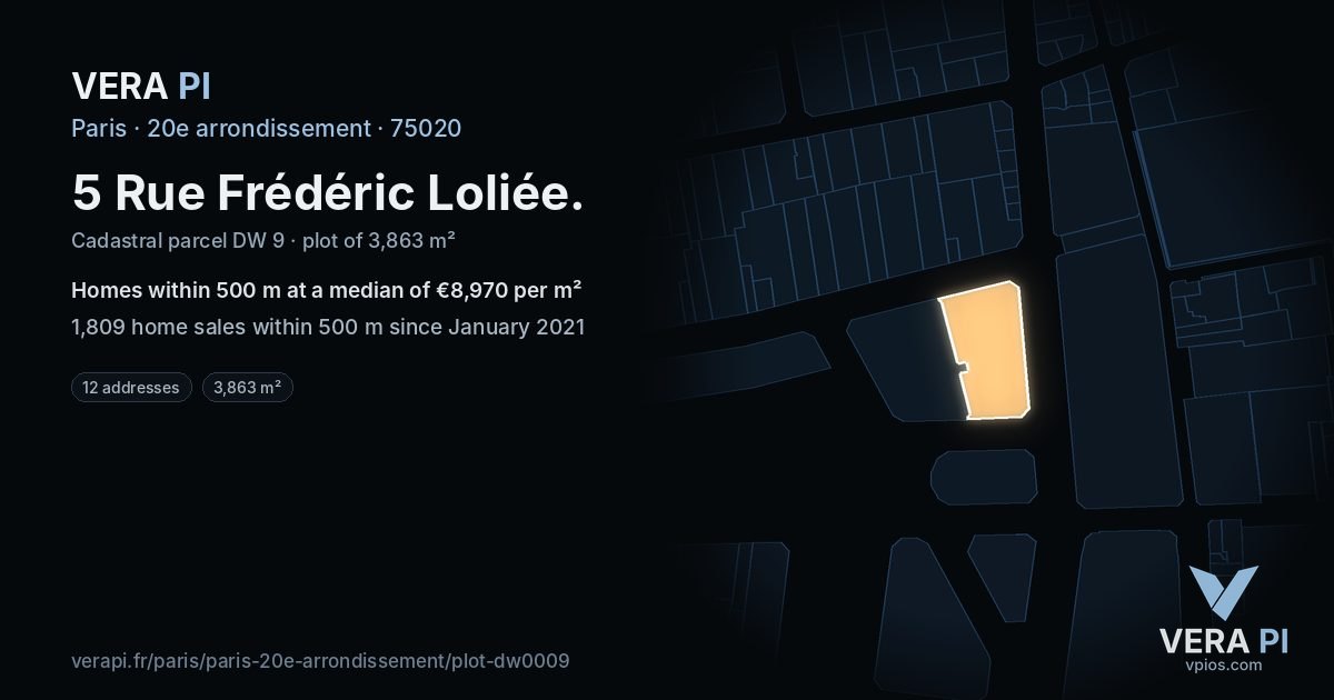 5 Rue Frédéric Loliée, 20e arrondissement at night – the plot lit, the parcels around coloured by the prices near them