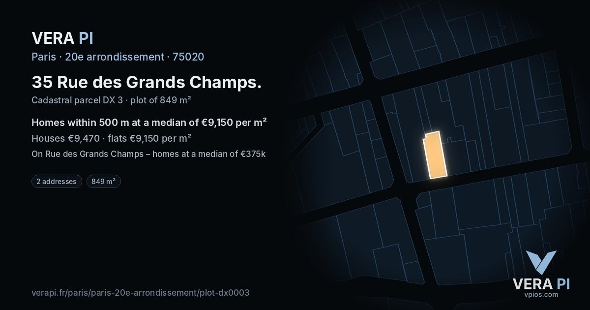 35 Rue des Grands Champs, 20e arrondissement at night – the plot lit, the parcels around coloured by the prices near them