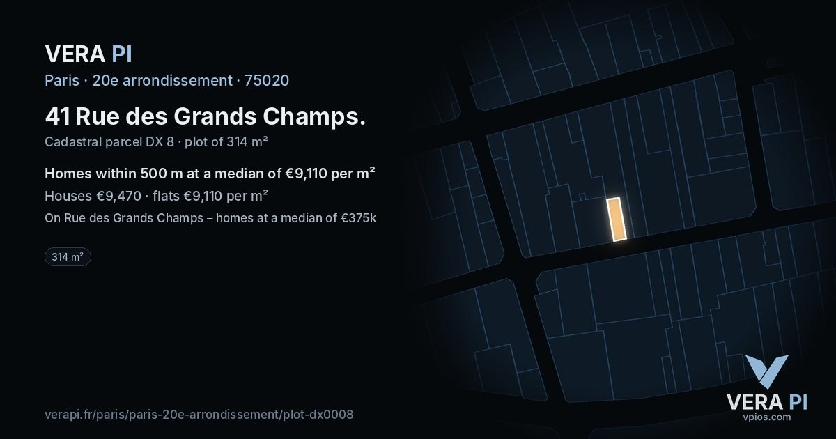 41 Rue des Grands Champs, 20e arrondissement at night – the plot lit, the parcels around coloured by the prices near them