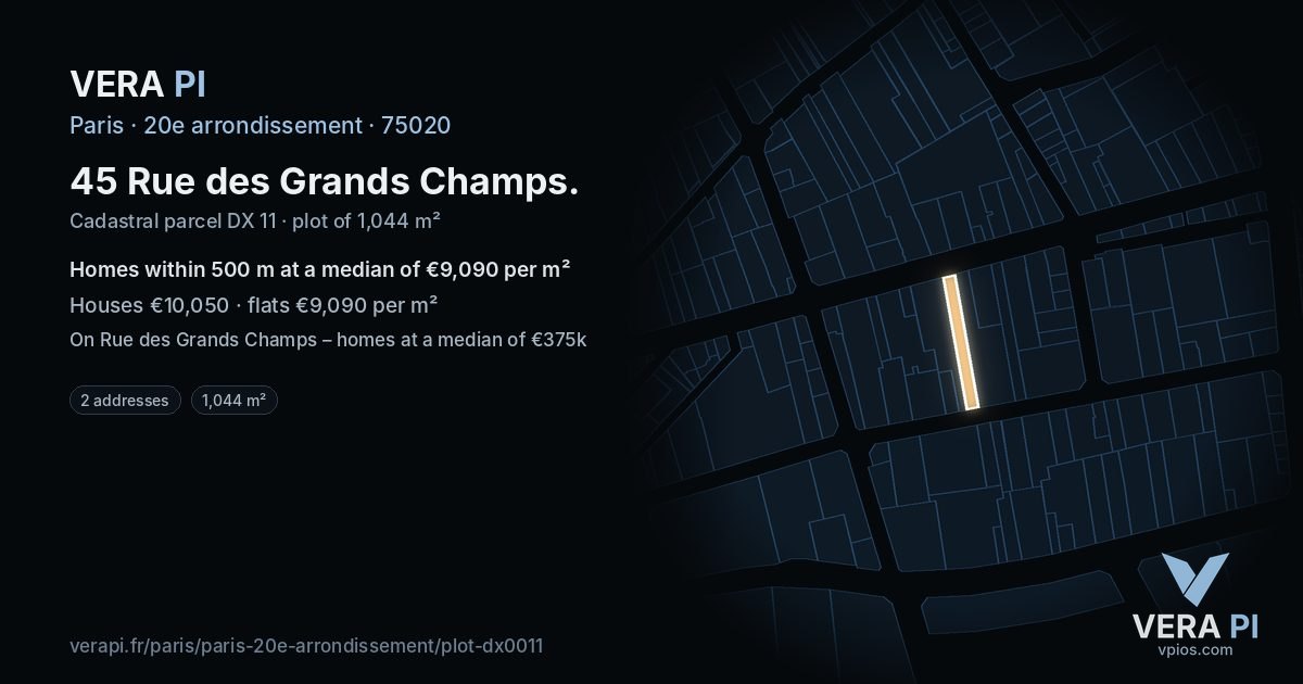 45 Rue des Grands Champs, 20e arrondissement at night – the plot lit, the parcels around coloured by the prices near them