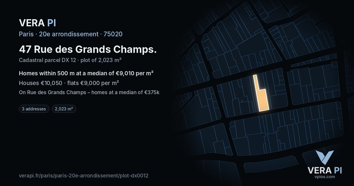 47 Rue des Grands Champs, 20e arrondissement at night – the plot lit, the parcels around coloured by the prices near them