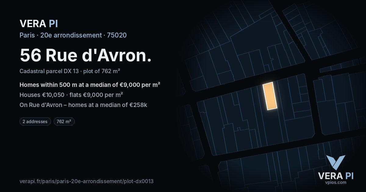 56 Rue d'Avron, 20e arrondissement at night – the plot lit, the parcels around coloured by the prices near them