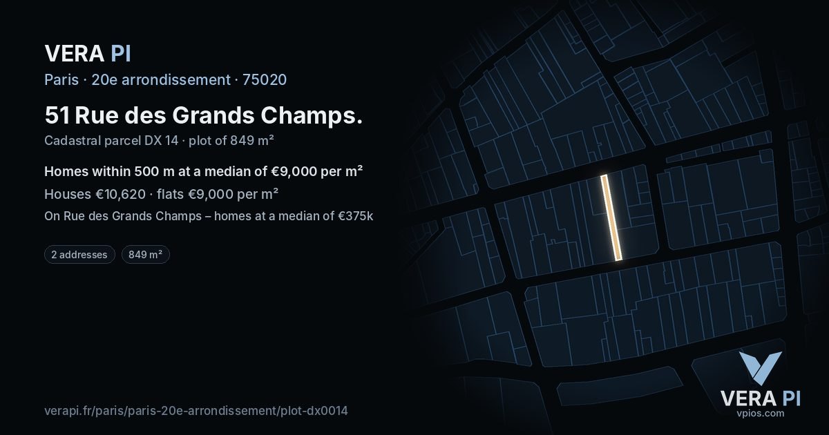 51 Rue des Grands Champs, 20e arrondissement at night – the plot lit, the parcels around coloured by the prices near them