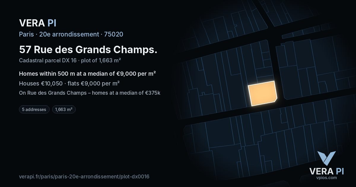 57 Rue des Grands Champs, 20e arrondissement at night – the plot lit, the parcels around coloured by the prices near them